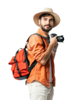 Man in an orange jacket holding a camera isolated on a transparent background png
