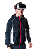 Man in athletic jacket exploring virtual reality isolated on transparent background png