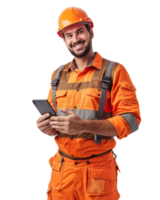 Construction worker in yellow helmet using a tablet isolated on transparent background png