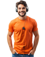 Confident customer service representative Man in Orange Uniform Isolated on Transparent Background png