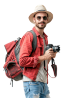 Photographer with camera and backpack in casual attire isolated on a transparent background png