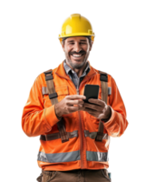 Construction worker in orange uniform using a phone isolated on transparent background png