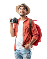 Tourist holding a camera in a red jacket and hat isolated on a transparent background png