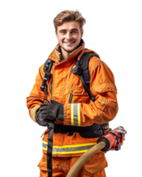 Firefighter in orange uniform holding a hose isolated on transparent background png