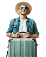 Happy tourist with sunglasses and large suitcase isolated on a transparent background png