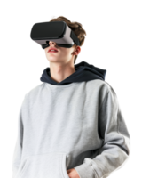 young man in grey hoodie enjoying VR gaming isolated on transparent background png