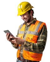 Construction worker using a smartphone isolated on transparent background png