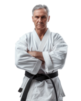 Confident Senior Man in a White Karate Gi with a Black Belt isolated on transparent background png