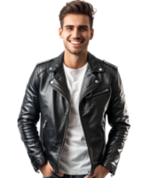 Man in Leather Jacket with Hands in Pockets Isolated on Transparent Background png