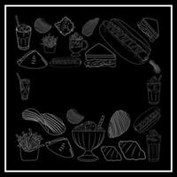 doodle ice chocolate and junk food, fast food with white color, black background. bring happiness. happy. you can also edit vector