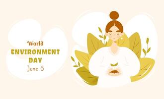 World Environment day concept with girl holding sprout in her hands and green leaves on background. Flat cartoon style. Perfect for horizontal banner, website, poster, card etc vector
