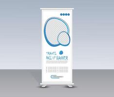 Travel blue and white color roll up banner template design vector