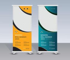 Modern geometric yellow and blue roll up banner template set vector