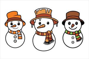Adorable cartoon snowman set isolated winter icons on white background vector