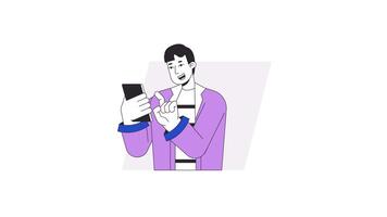 Excited guy playing on smartphone cartoon animation. Scrolling phone messaging texting 4K motion graphic. Caucasian man browsing cellphone animated 2D character isolated on white background video