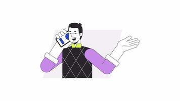Extroverted man having conversation on phone cartoon animation. Answering phonecall 4K motion graphic. Caucasian guy making business call animated 2D character isolated on white background video
