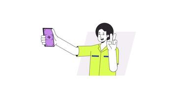 Guy with victory gesture posing for selfie cartoon animation. Blogger tourist using cellphone 4K motion graphic. Afro hair man holds smartphone animated 2D character isolated on white background video