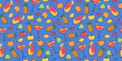 Bright cocktails, fruits pattern. Multicolored drinks in wine glasses. Mixed cold drinks. Fresh exotic tropical juice. Alcohol, lemonade. Repeated, template. vector