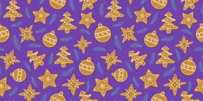 Seamless pattern with gingerbread fir branches. Christmas baking. Stars, fir tree, Christmas ball. Traditional figured cookies. Repeating background for wallpaper, packaging, wrapping. vector