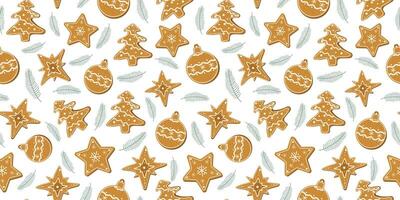 Seamless pattern with gingerbread figures and fir branches. Christmas baking with icing pattern. Stars, fir tree, Christmas ball. Traditional cookies, festive dessert. Repeating background vector