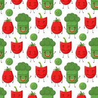 Seamless pattern paprika broccoli tomato shaped patch pocket. Character pocket paprika broccoli tomato. Cartoon style. Isolated on white background. Design element. Template for your shirts, books vector