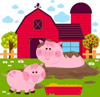 Pigs at the farm pigsty playing in a mud puddle. Cute pig and piglet farm animals in the barnyard farm eating and playing in dirt. vector