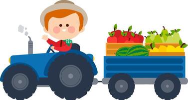 Farmer man driving a tractor and carrying fruits. Farming boy with organic produce in crates from the farm and fields. Tractor with fresh fruit, apples, pears, watermelons and lemons. vector