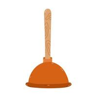 Cute cartoon rubber toilet plunger with wooden handle to unclog plumbing, pipe at sink, toilet. Hand drawn tool for housekeeping and clean up clogging. Funny clipart isolated on white background vector