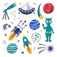 Cute cartoon space and astronomy set with UFO flying saucer, alien, spaceship, rocket, telescope, Mars and Uranus. Childish cosmic symbols. Hand drawn clipart collection isolated on white background. vector