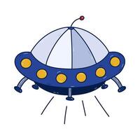 Cute colorful doodle of UFO spaceship with light. Flying saucer of alien, extraterrestrial creature for transportation and discovering cosmos. Astronomy outline clipart isolated on background. vector