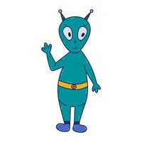 Cute colorful doodle of green alien smiling and waving hello. Friendly extraterrestrial monster with big eyes, in boots and belt. Hand drawn outline childish weird creature isolated on background. vector
