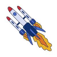 Cute colorful doodle of big space rocket with flame. Hand drawn cosmic shuttle flying in sky. Sign of astronomy, universe discover, business project. Spaceship outline clipart isolated on background. vector