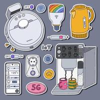 Colorful doodle set of stickers with Internet of things and network clipart for planners, notebooks. Ready for print list of cute stickers. Smart home devices for remote housework, control. vector