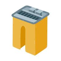 Cute cartoon professional bucket for mop with self squeezing. Hand drawn pail to wash floor from dust and dirt. Funny clipart of tool for wet cleansing of apartment isolated on white background. vector