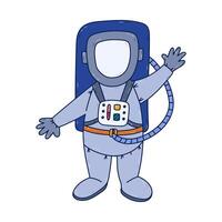 Cute colorful line astronaut in space suit waving welcome and going to cosmos. Friendly cosmonaut character in childish style. Hand drawn outline universe doodle isolated on white background. vector