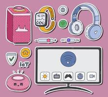 Cute set of stickers with entertainment smart home devices phone for planners, notebooks. Ready for print list of colorful doodle stickers. Intelligence machine for multimedia controlling via mobile vector