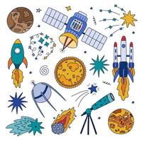 Cute colorful doodle space and astronomy set with spaceship, satellite, the Sun, asteroid, planet, rocket, falling star. Childish symbols of universe. Hand drawn line collection isolated on white. vector