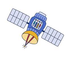 Cute colorful doodle of satellite flying in outer space in childish style. Hand drawn space probe for transferring signal, data, information. Outline spacecraft isolated on white background vector