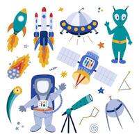 Cute cartoon space and astronomy set with astronaut, asteroid, spaceship, satellite, alien. Childish symbols of Solar System and universe. Hand drawn clipart collection isolated on white background. vector