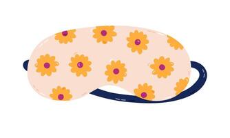Cute cartoon sleeping mask with sunflower pattern. Funny girly eye mask with flower print. Hand drawn bedtime accessory for comfort resting to prevent insomnia isolated on white background. vector