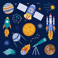 Cute cartoon space and astronomy set with spaceship, satellite, the Sun, asteroid, planet, rocket, falling star. Childish symbols of universe. Hand drawn clipart collection isolated on background. vector