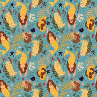 Seamless pattern with mermaids and marine life vector