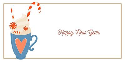 Blue Cup with heart New Year Greeting Horizontal Card or Invitation Template. Vintage Elegant Decoration Illustration. Happy Merry Xmas Greeting Party Banner Design background vector