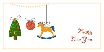 Cute Happy New Year Greeting Horizontal Card or Invitation Template. Vintage Elegant Decoration Illustration. Happy Merry Xmas Greeting Party Banner Design background vector
