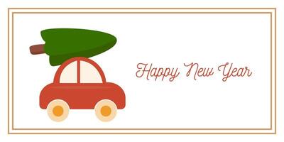 Funny Red Car with Spruce New Year Greeting Horizontal Card or Invitation Template. Vintage Elegant Decoration Illustration. Happy Merry Xmas Greeting Party Banner Design background vector