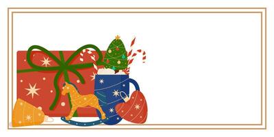 Christmas and New Year Greeting Horizontal Line Frame Card or Invitation Template. Vintage Elegant Decoration Illustration. Happy Merry Xmas Greeting Party Banner Design background vector