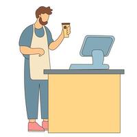A man in an apron is standing at a counter holding a cup vector