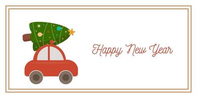 Car with Spruce Tree New Year Greeting Horizontal Card or Invitation Template. Vintage Elegant Decoration Illustration. Happy Merry Xmas Greeting Party Banner Design background vector
