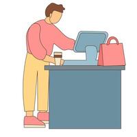 A man is standing at a cash register with a bag vector