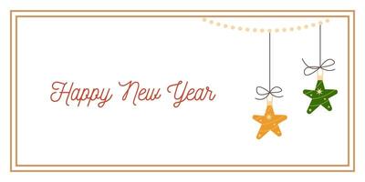 New Year Greeting Horizontal Card or Invitation Template with Stars Toy. Vintage Elegant Decoration Illustration. Happy Merry Xmas Greeting Party Banner Design background vector